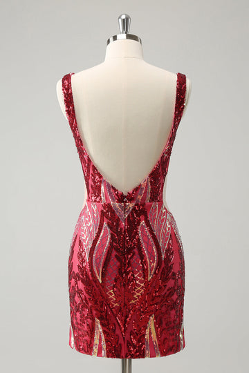 Vestido de cóctel corto sin espalda ajustado con cuello en V fucsia brillante y lentejuelas
